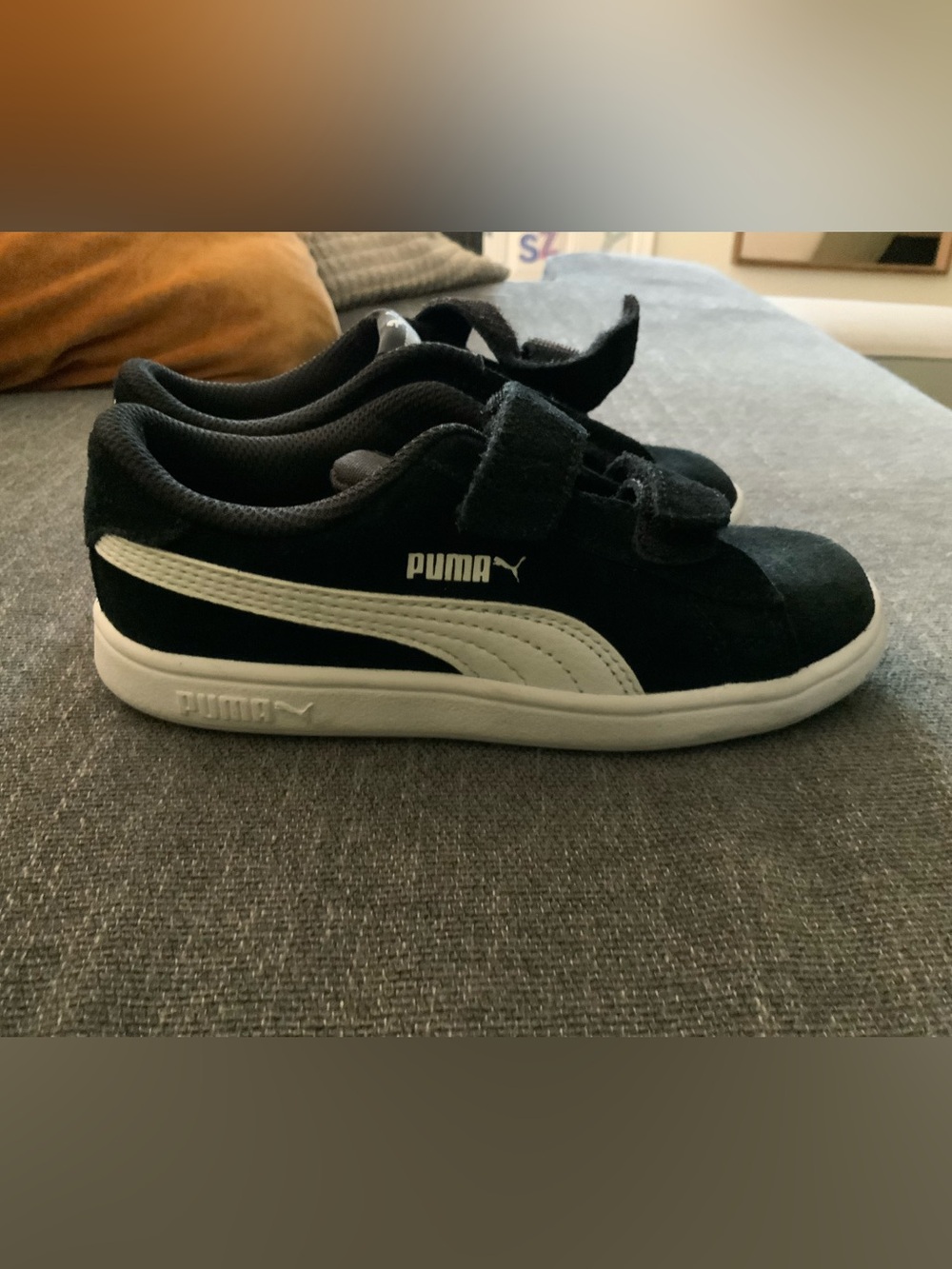 Puma Kids Black & White Suede Velcro Sneakers